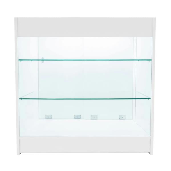 Astro LED Shop Counter Set in white, featuring sleek glass shelves and a modern design, ideal for showcasing products in retail spaces