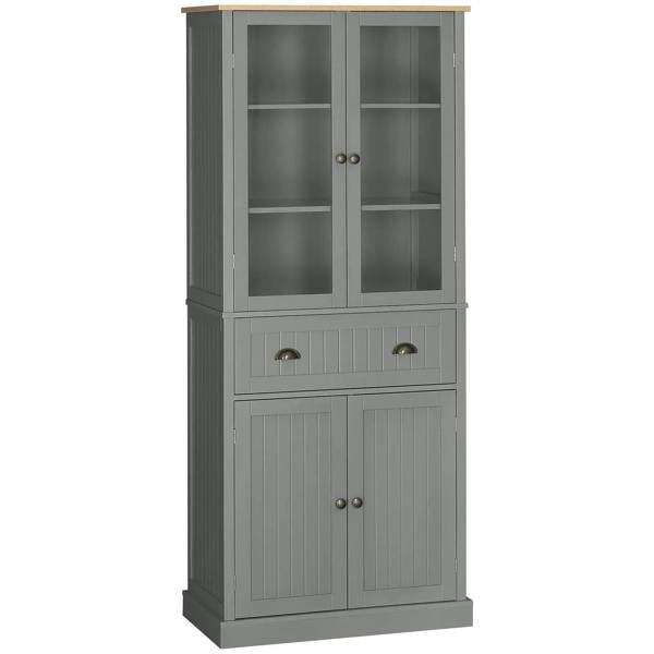 Grey kitchen pantry cupboard with glass doors, 2 drawers, and 2 lower cabinet doors