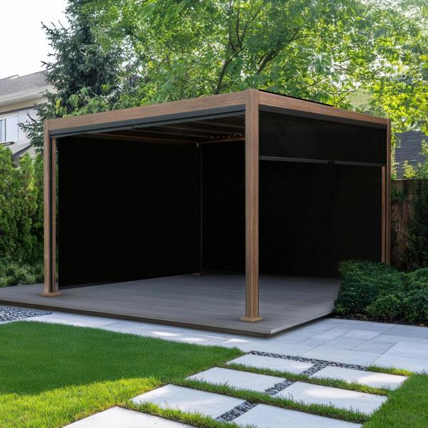 Wood effect aluminium pergola with blinds, 3m x 3m, featuring a sleek design, dark blinds, and a modern outdoor setting with greenery