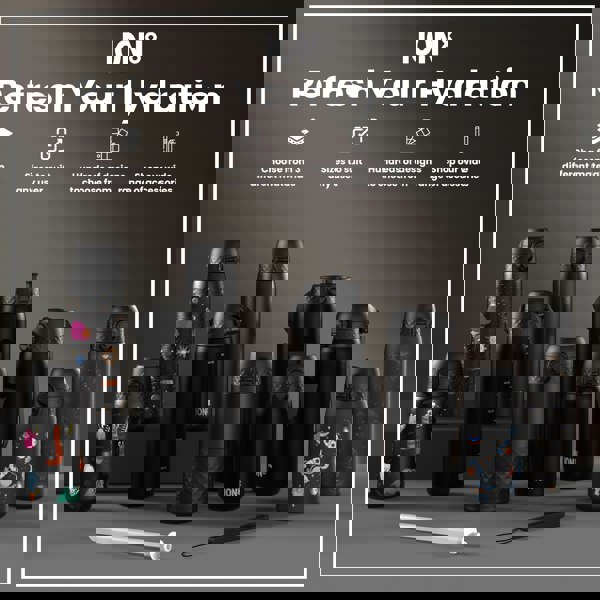 Several ION8 water bottles, in various sizes and designs, are displayed on a dark surface. The bottles are predominantly black, with some featuring colorful space-themed graphics. The scene promotes the product line’s customization options.