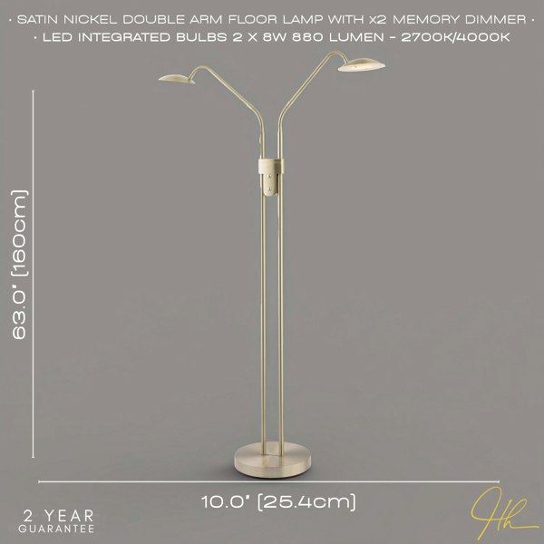 Double Arm Nickel Floor Lamp with Dimmer and Colour Control Warm-Cool White Image 6