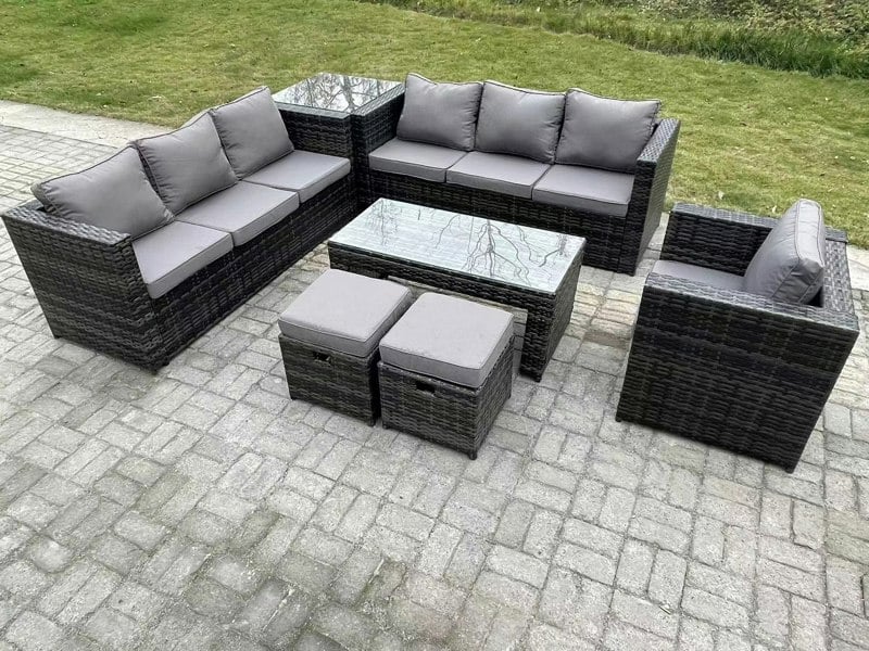 Fimous Outdoor Rattan Garden Furniture Lounge Sofa Set With Oblong Rectagular Coffee Table Arm Chair Side Coffee Table 2 Stools