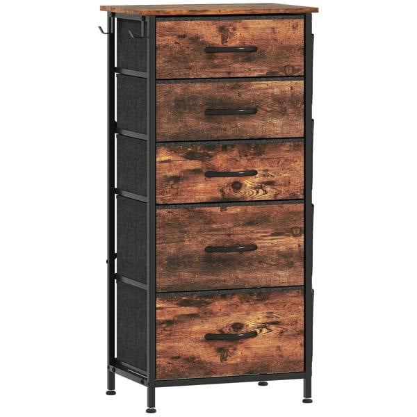 Rustic brown five-drawer fabric chest with black drawer pulls and dark metal frame