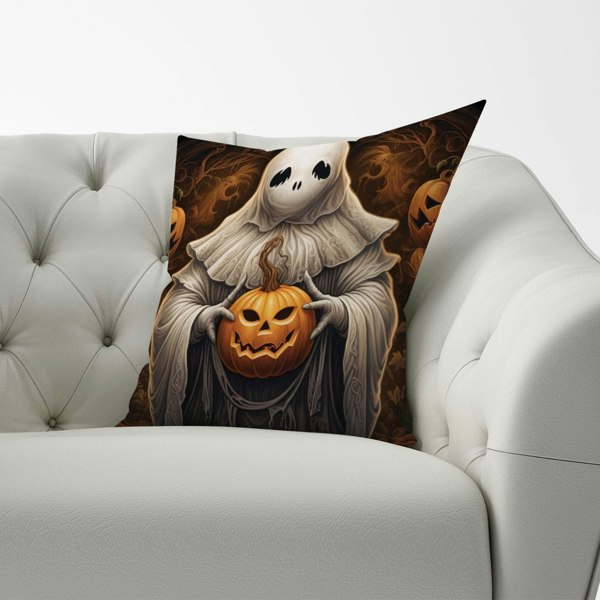 Warren Reed Spooky White Ghost Holding Pumpkin Cushions