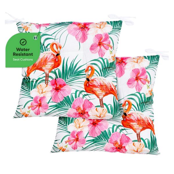 Gardenwize Pair of Outdoor Seat Pads - Flamingo Design Chair Cushions