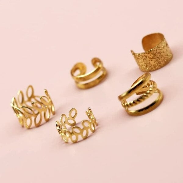 The Colourful Aura 5 Piece Gold Silver Slim Leaf Band Adjustable Wire Wrap Non Piercing Ear Cuff