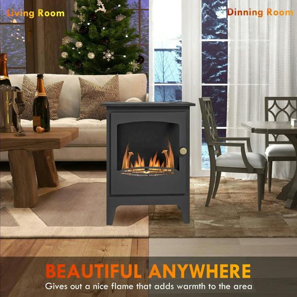 Black ethanol fireplace with flame window on both living and dining areas