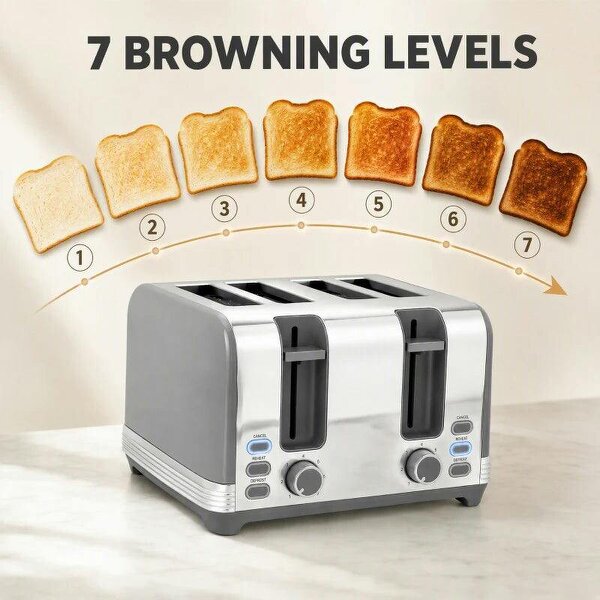 Stainless Steel Kettle and Toaster Set, 1.7L 3000W Cordless Fast Boil Kettle, 4 Slice Toaster Kitchen Set, Grey