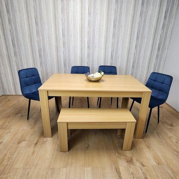 KOSY KOALA 6 Seater Modern Light Wood Dining Table Set with 4 Blue Velvet Chairs and Bench H75 x L140 x W80 cm