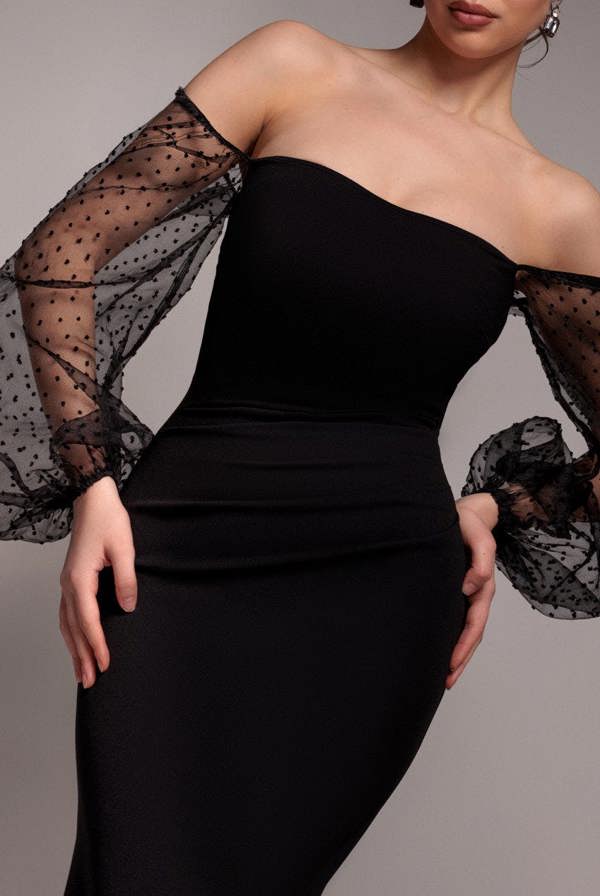 Dobby Organza Bishop Sleeve Multiway Maxi Dress - Black DR5011