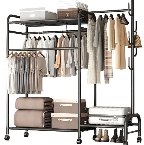 Modcraft Heavy Duty Double Clothes Rail Rack with Wheels & Storage Shelves