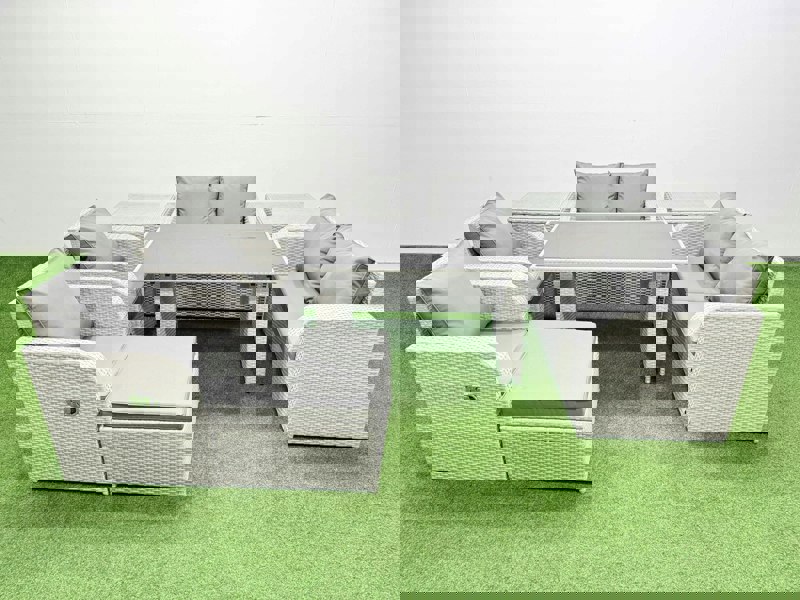 Fimous 8 Pieces Outdoor PE Rattan Sofa Reclining Chair Set Patio Garden Furniture Sets with Cushions 2 Side Tables Big Stool Light Grey