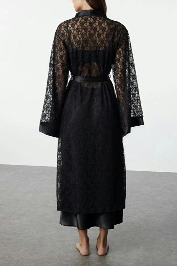 WOVCOR Belted Lace Knit Dressing Gown with Satin Band Detail