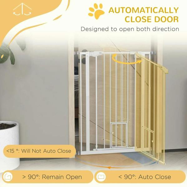 White pet gate with auto-close door and hinge for doorway installation