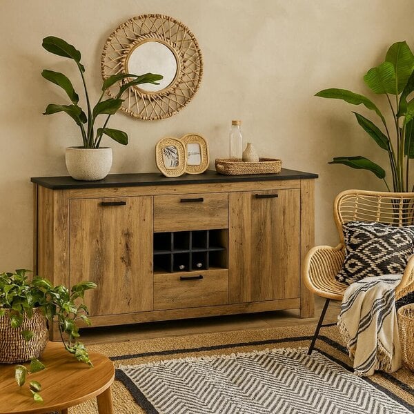 Wyld Haus Juniper 2 Door 2 Drawer Chestnut and Matera Grey Sideboard with Wine Rack