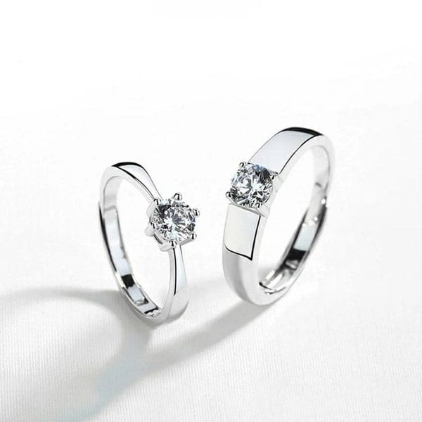 The Colourful Aura Adjustable Silver Couple His and Her Promise Zircon Rings Set