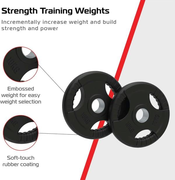 Black 10kg Olympic tri-grip rubber weight plates with embossed weight markings and soft-touch grip for strength training