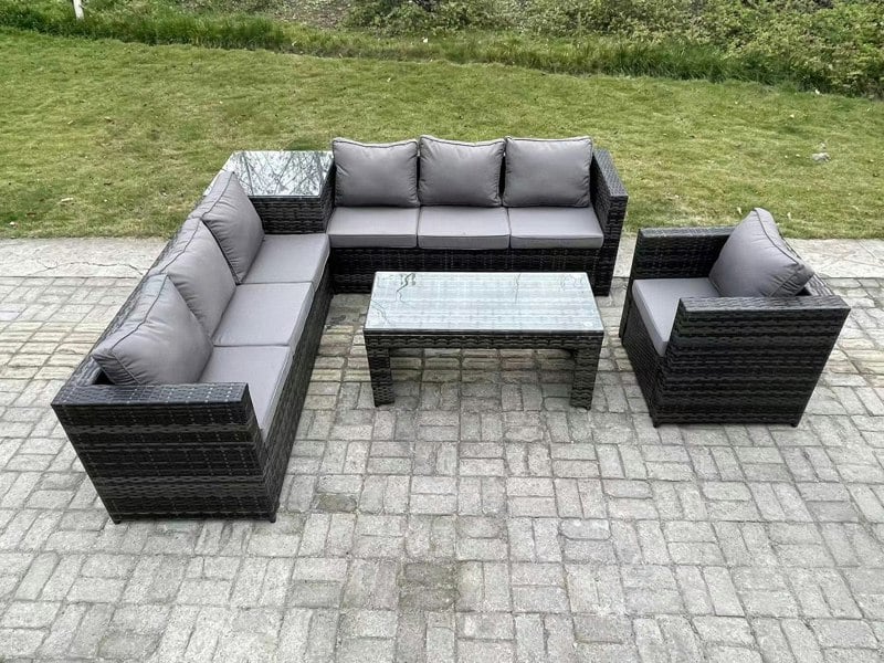 Fimous 7 Seater Rattan Corner Sofa Set With Square Side Table And Oblong Rectangular Coffee Tea Table Arm Chair Dark Grey Mixed