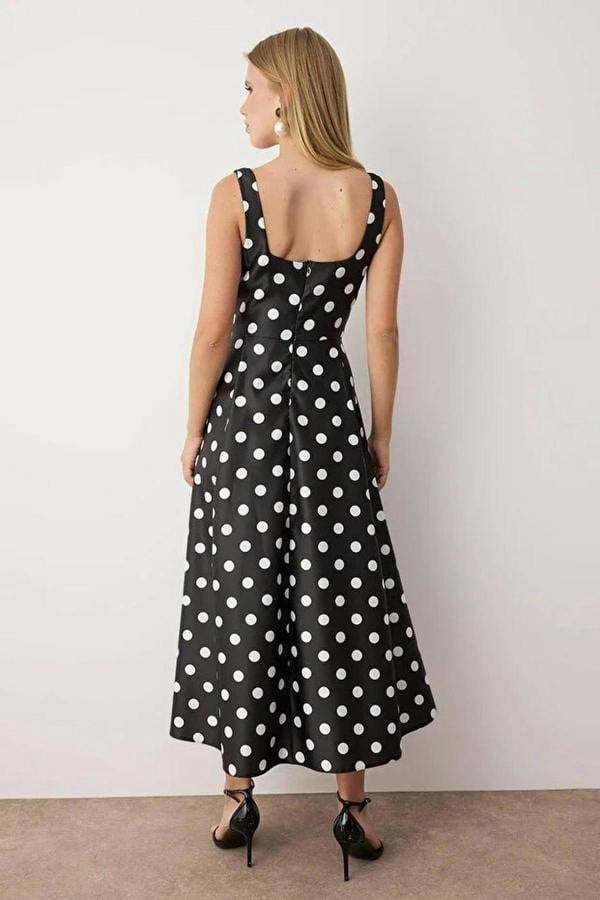 Square Neck Thick Strap A-Line Satin Maxi Dress