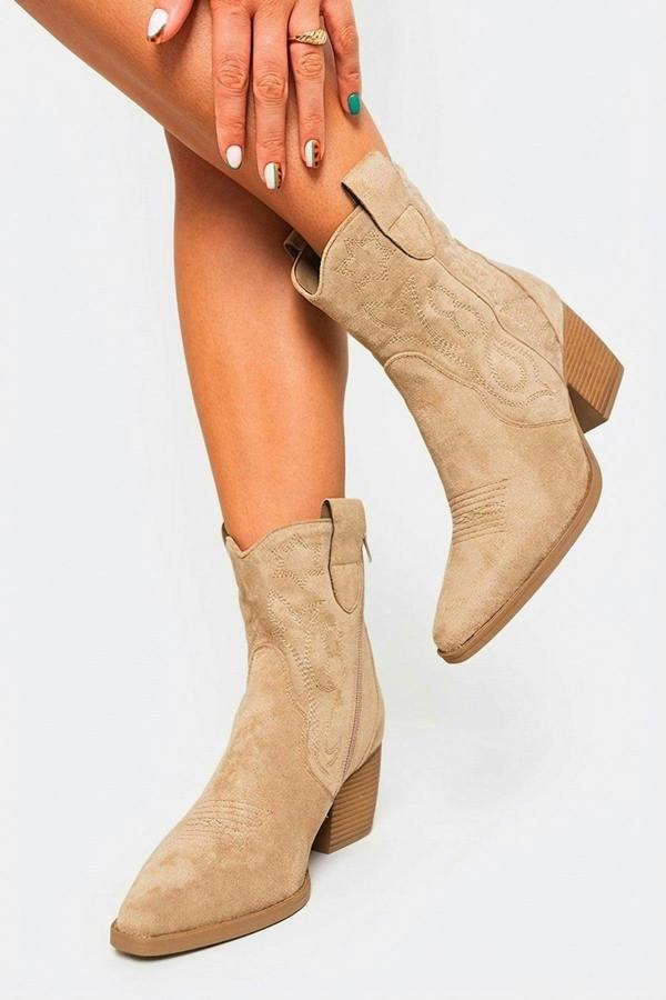 Laura Suede Cowboy Ankle Length Boots - Khaki_wb