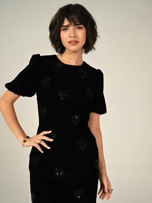 Rose & Nancy Rosheen Black Velevt Hand Embellished Heart Mini Dress