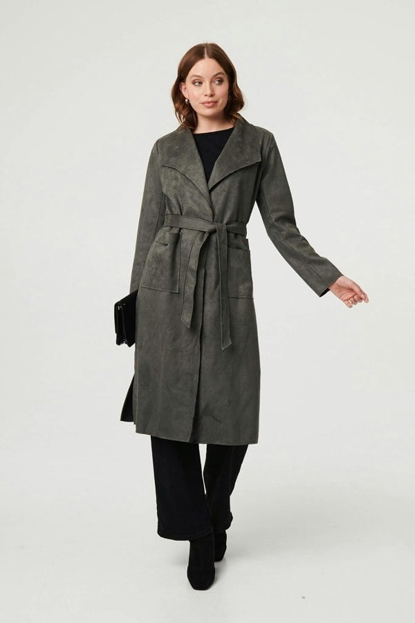 Olive | Suedette Tie Waist Longline Trench Coat