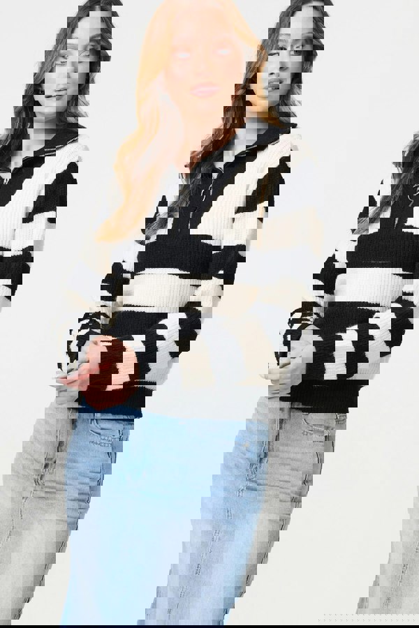 White | Striped Knit 1/4 Zip High Neck Pullover
