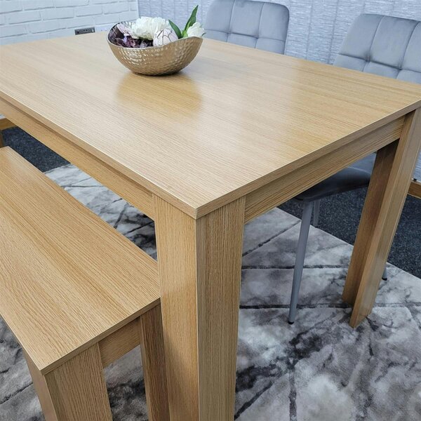 KOSY KOALA 4 Seater Modern Light Wood Dining Table Set with 2 Grey Velvet Chairs and Bench H75 x L140 x W80 cm
