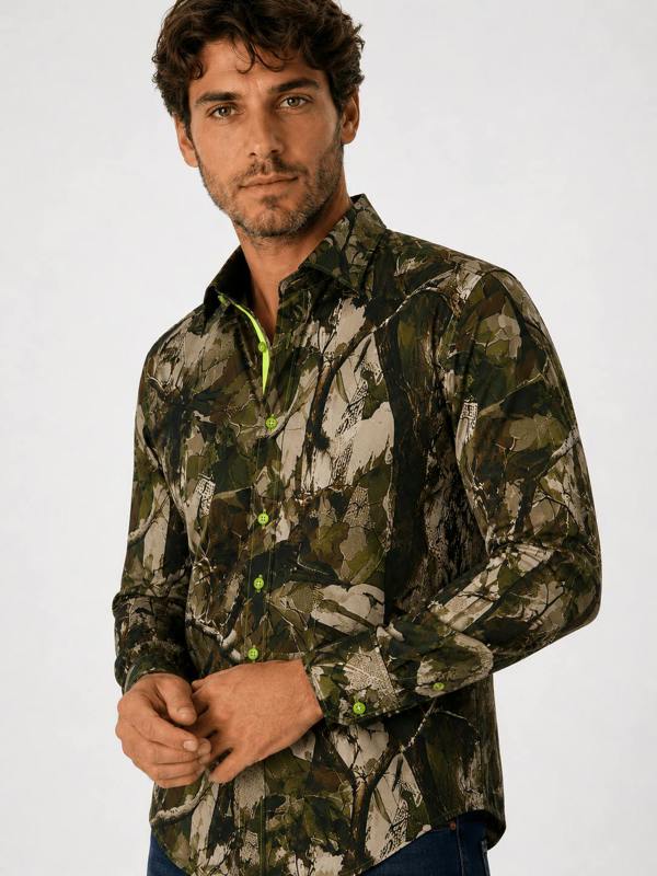 Woodland Stalker Real Tree Print Shirt by Claudio Lugli in satin cotton, front view