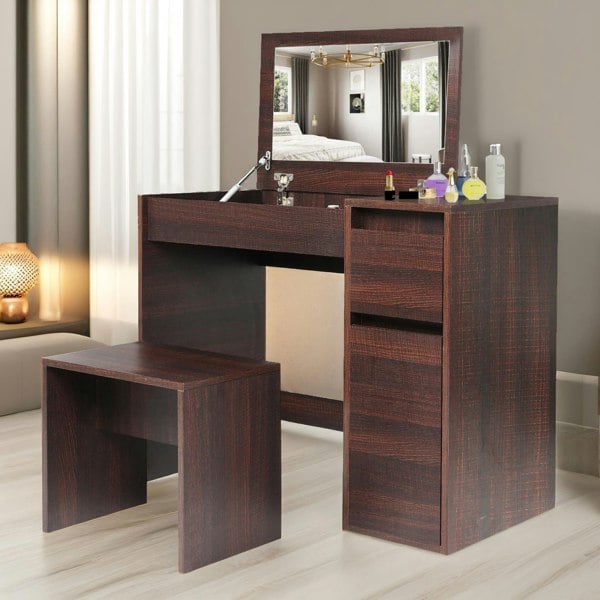 Rafaelo Mobilia 2-in-1 Dressing Table Workstation With Stool Walnut