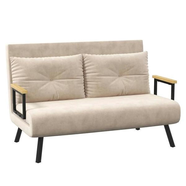 Beige velvet-feel double sofa bed with two back pillows, wood-look arms, black legs