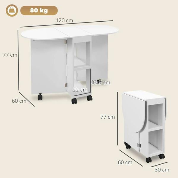 White drop-leaf dining table dimensions view, with caster wheels shown at corners