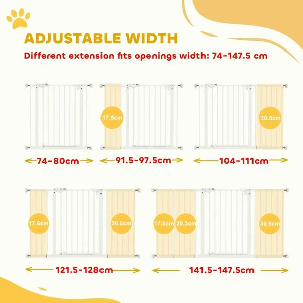 White adjustable safety gate width diagram with multiple extension configurations