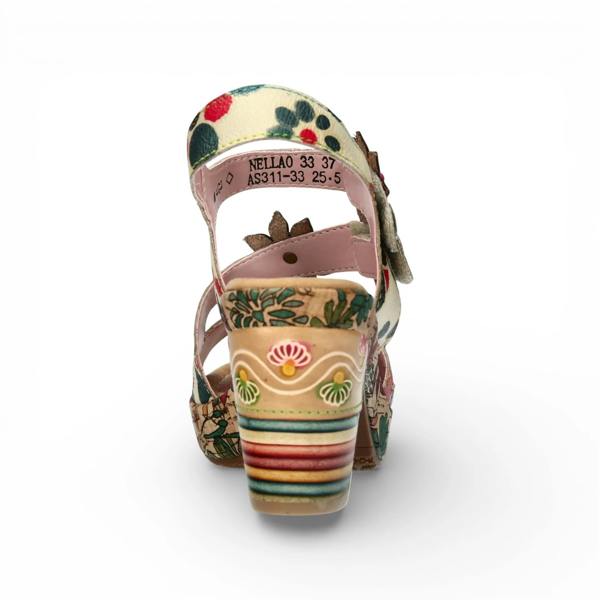 Laura Vita Nellao 33 - Women's Beige Floral Leather Wedge Sandals
