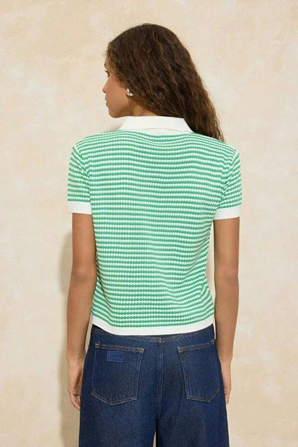 Hoxton Gal Striped Polo Neck Knit Mid-Length Blouse