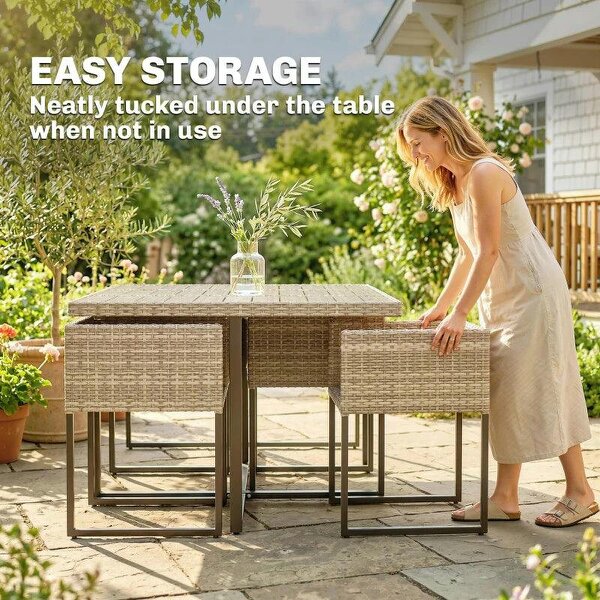 7 Piece Rattan Garden Furniture Set, Garden Dining Set with Wood-Plastic Table and 6 Stackable Chairs, Light Brown