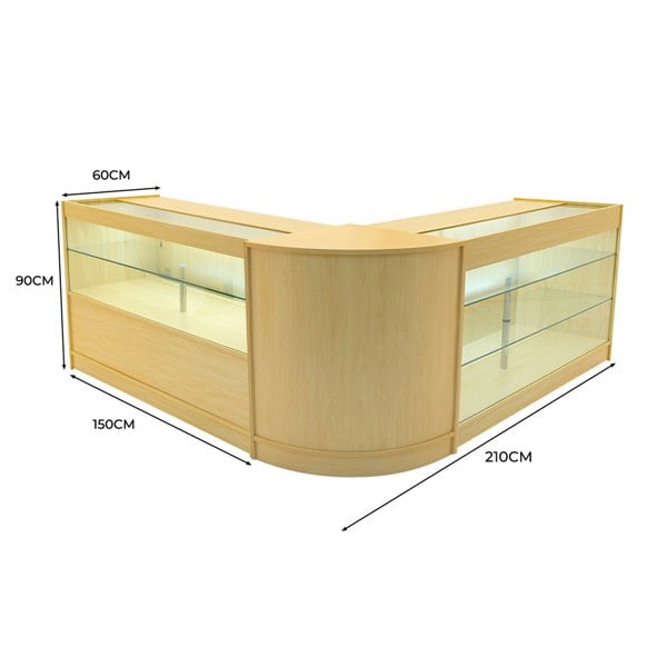 Hera LED Shop Counter Set in maple finish, featuring a sleek, curved design with glass display shelves and integrated lighting