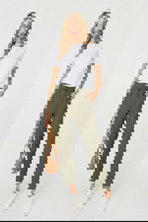 Khaki | Tie Front High Waist Slim Leg Trousers
