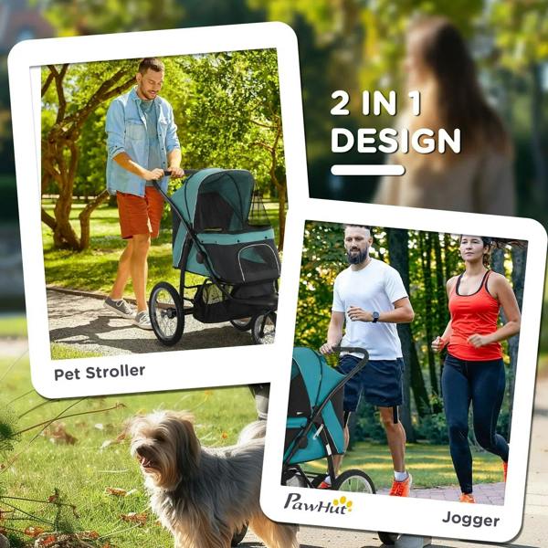 2-in-1 pet stroller and jogger in green with canopy and three-wheel frame