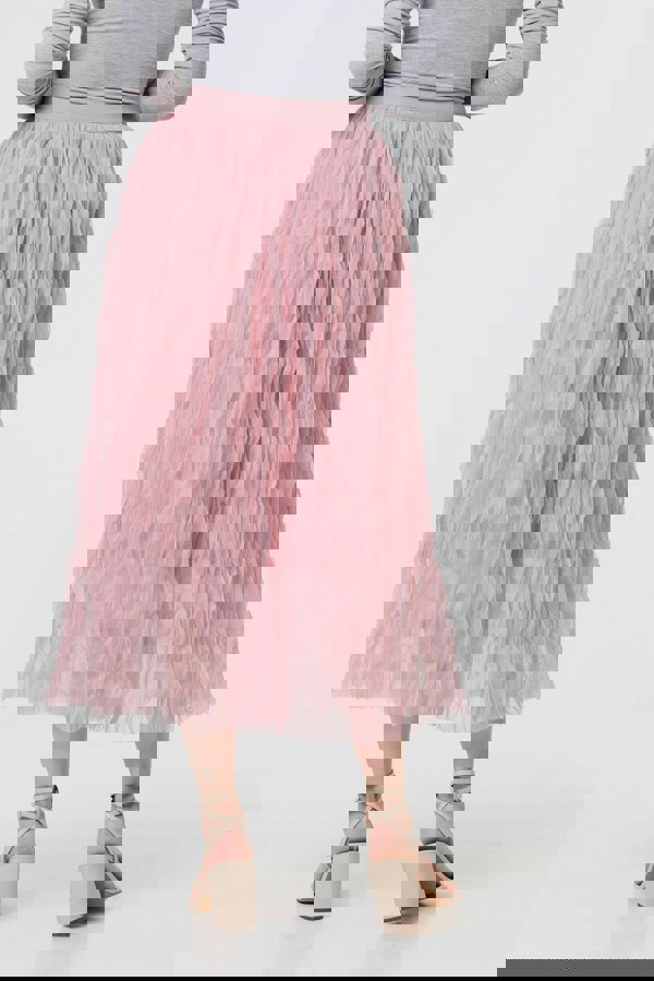 Pink | Ruffled High Waist Semi Sheer Midi Skirt
