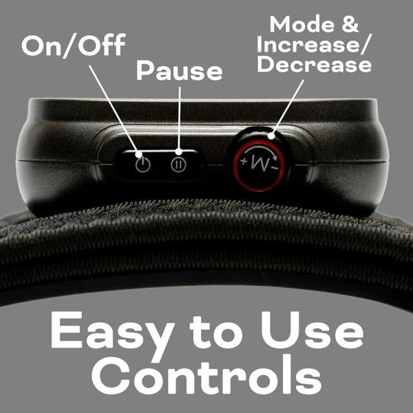 Close-up of the Reviber Infrared Light Therapy Pad by Reviber, featuring buttons labeled On/Off, Pause, Mode & Increase/Decrease. Easy to Use Controls are shown below, with clearly marked vibration massage settings and icons.