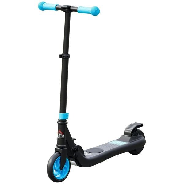 Blue folding electric scooter with front wheel, blue grips, and footboard