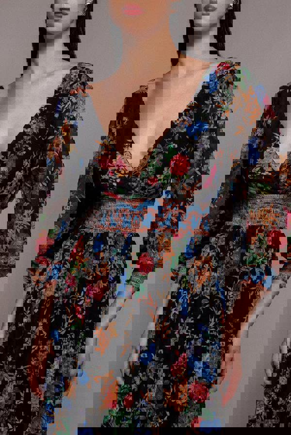 Chiffon Wrap Border Floral Print Maxi Dress - Black DR4394