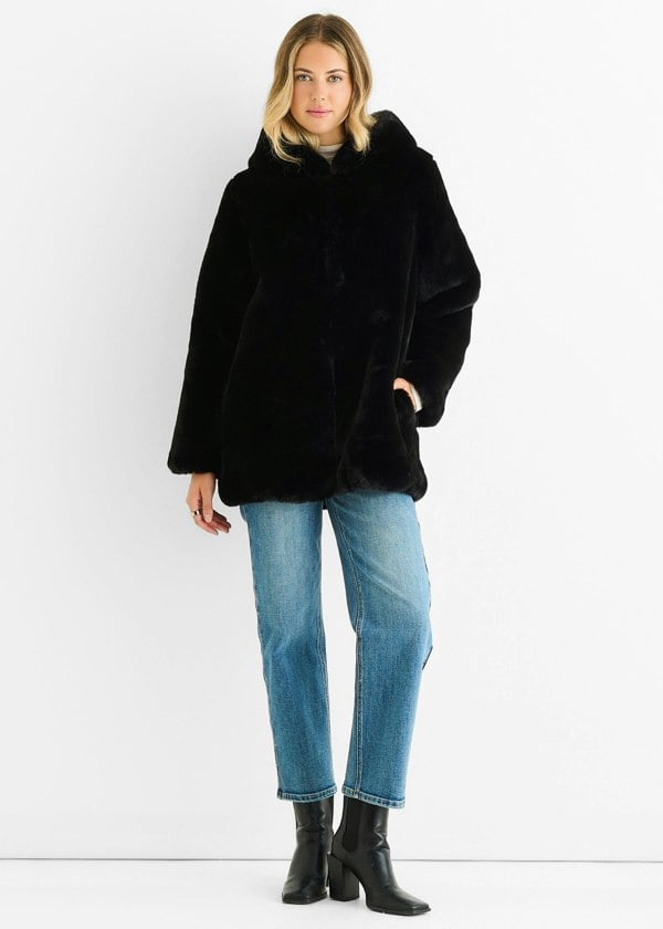 Gini London Black Hooded Long Sleeve Faux Fur Jacket