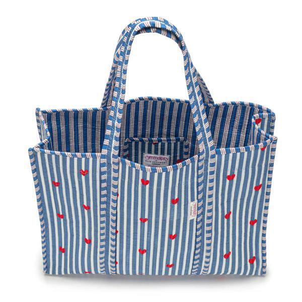 Elie Beaumont Serendipity Cotton Quilted Tote - Blue Stripe Red Heart