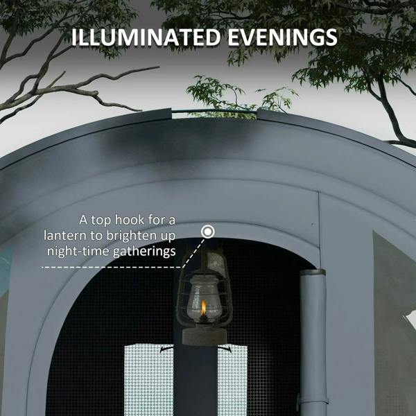 Grey tunnel tent front arch with lantern hook above a door opening