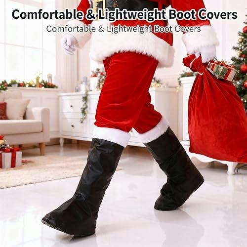 One Size Black Santa Boot Covers with Fur Trim for Christmas Costume Dressing image 5