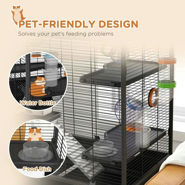 Large black hamster cage corner with water bottle and food dish on platforms