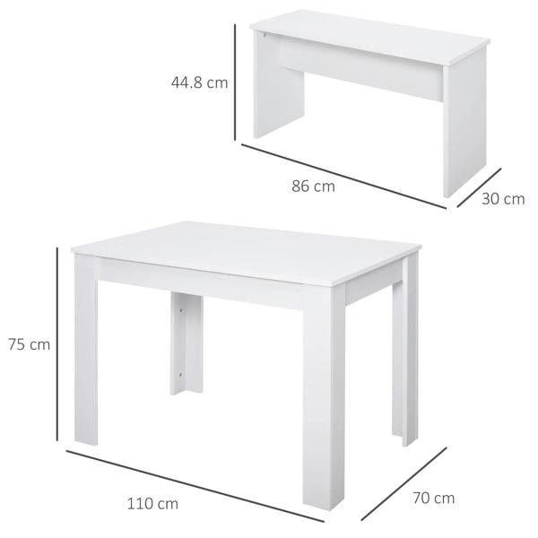 White dining table and bench with size dimensions shown in cm