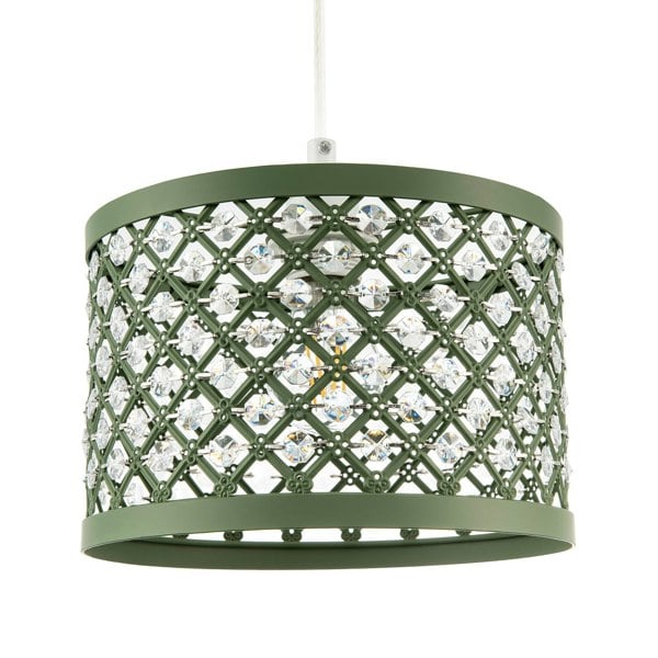 Modern Ornate Olive Green Metal Pendant Shade with Clear Acrylic Beads Image 1
